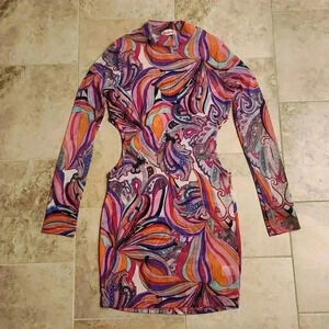 Madrag Sheer Mesh Long Sleeve Side Cut Out Dress